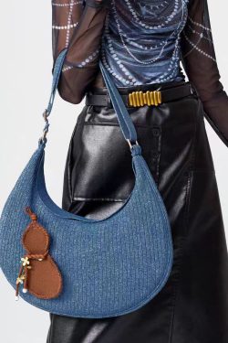 Retro Denim Blue Solid Durable Pendant Cotton Hobo Bag