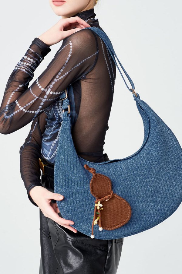 Retro Denim Blue Solid Durable Pendant Cotton Hobo Bag