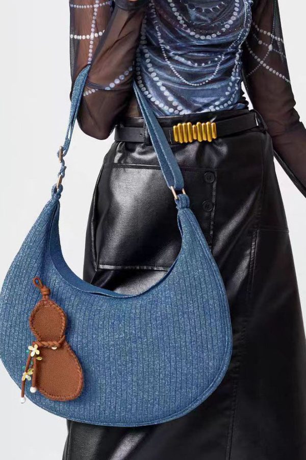 Retro Denim Blue Solid Durable Pendant Cotton Hobo Bag