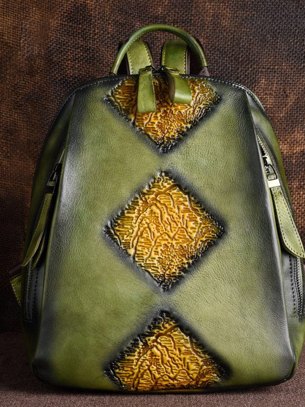 Retro Green Large Capacity Durable Calf Leather Backpack Bag