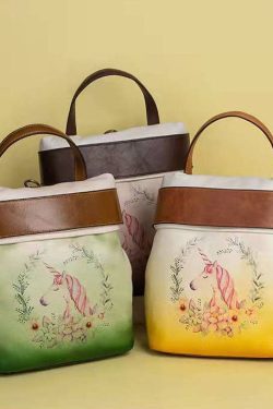 Retro Green Print Paitings Calf Leather Backpack Bag