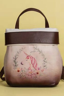 Retro Green Print Paitings Calf Leather Backpack Bag