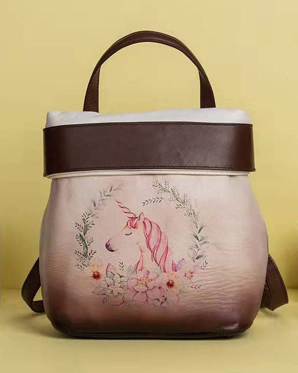 Retro Green Print Paitings Calf Leather Backpack Bag