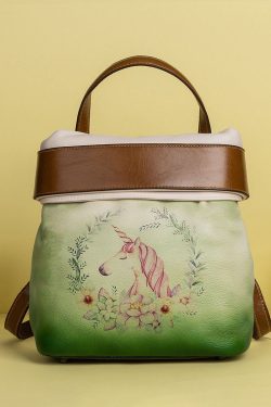 Retro Green Print Paitings Calf Leather Backpack Bag
