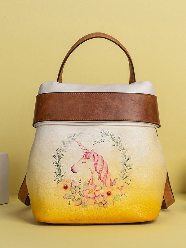 Retro Green Print Paitings Calf Leather Backpack Bag