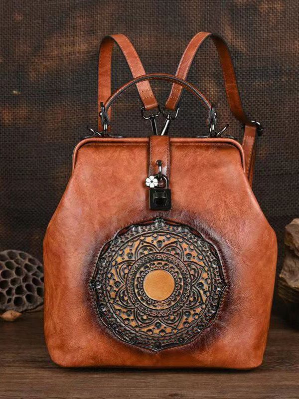 Retro Green Three Dimensional Carved Totem Handmade Backpack