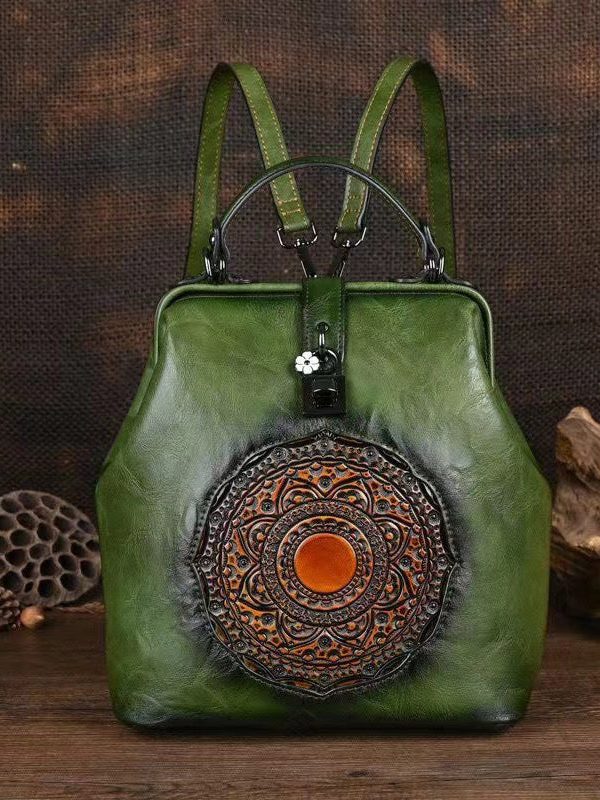 Retro Green Three Dimensional Carved Totem Handmade Backpack