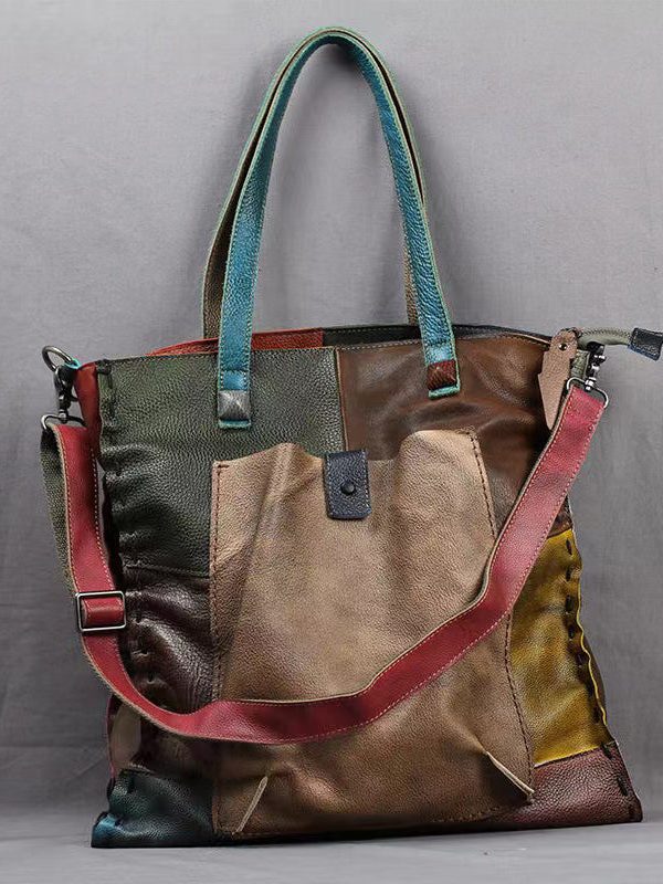 Retro Handmade Contrasting Color Large Capacity Cowhide Single Satchel Bag Handbag