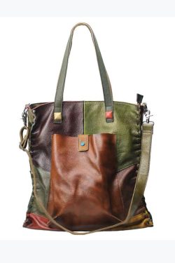 Retro Handmade Contrasting Color Large Capacity Cowhide Single Satchel Bag Handbag