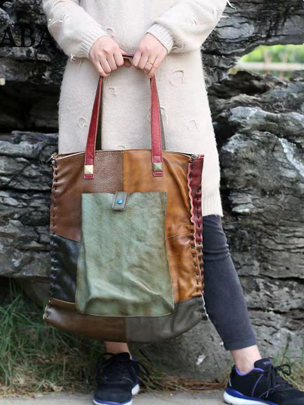 Retro Handmade Contrasting Color Large Capacity Cowhide Single Satchel Bag Handbag