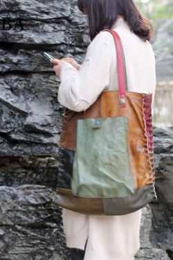 Retro Handmade Contrasting Color Large Capacity Cowhide Single Satchel Bag Handbag