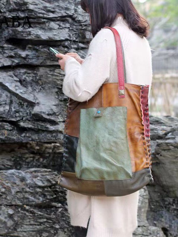 Retro Handmade Contrasting Color Large Capacity Cowhide Single Satchel Bag Handbag