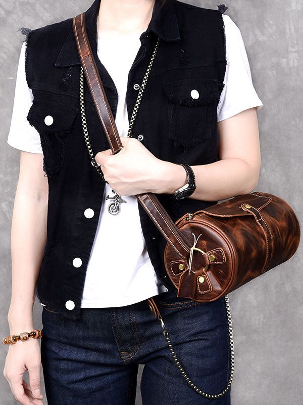 Retro Khaki Bucket Shape Paitings Calf Leather Messenger Bag