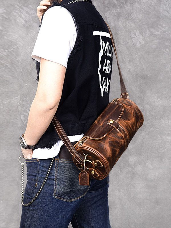 Retro Khaki Bucket Shape Paitings Calf Leather Messenger Bag