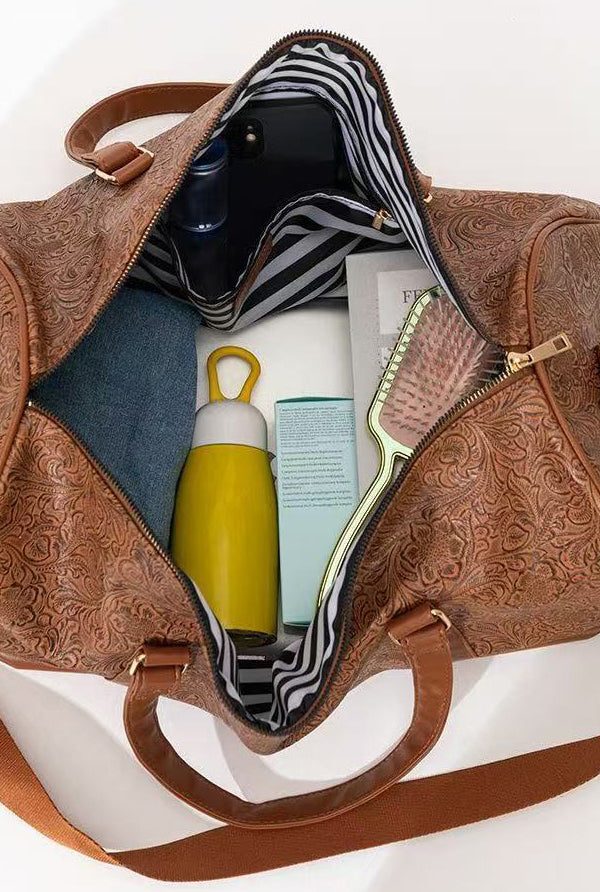 Retro Khaki Print Patchwork Large Capacity Faux Leather Weekender Handbag