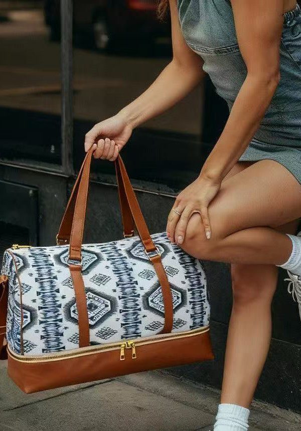 Retro Khaki Print Patchwork Large Capacity Faux Leather Weekender Handbag