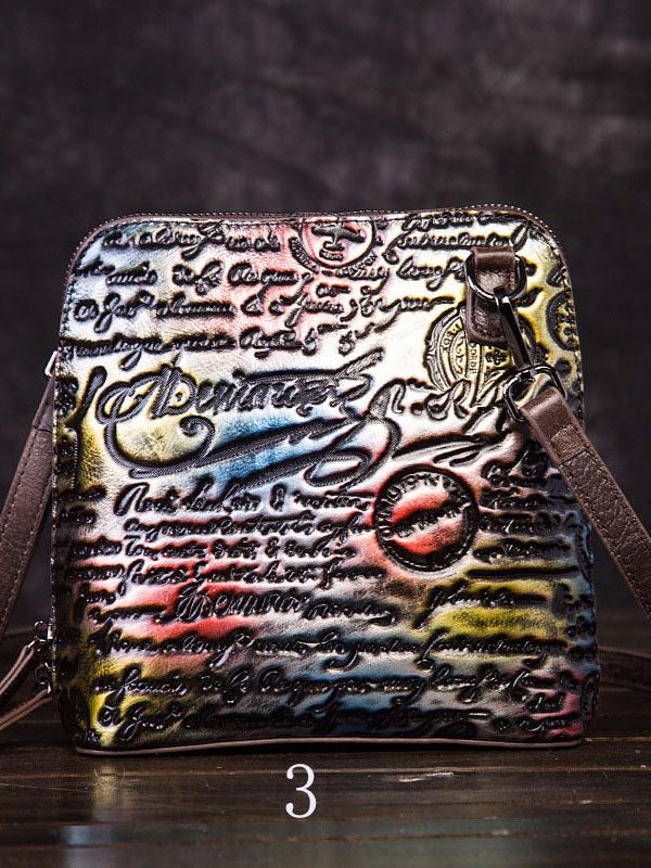 Retro Multicolour Letter Embossing Calf Leather Satchel Handbag