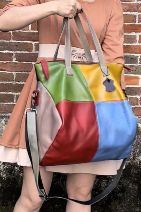 Retro New Cowhide Patchwork Handheld Crossbody Bag