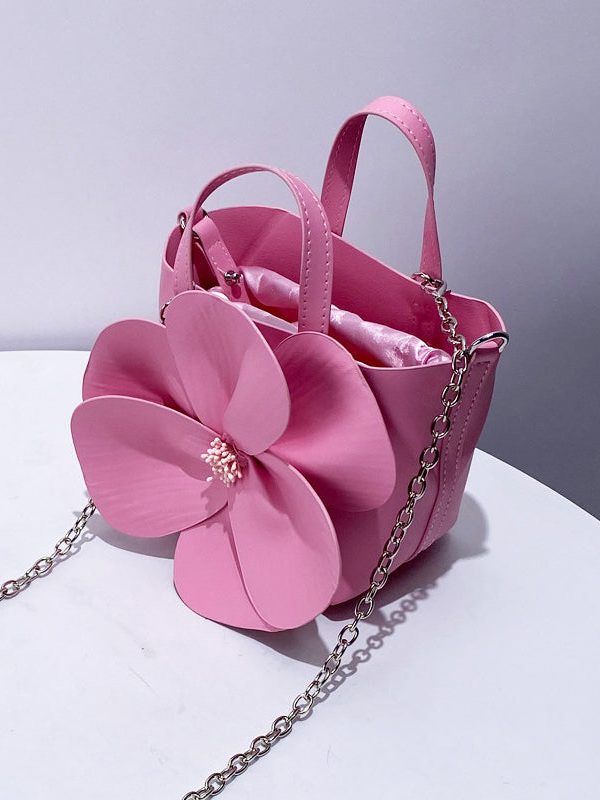 Retro Pink 3D Flower Decorated Faux Leather Evening Bag