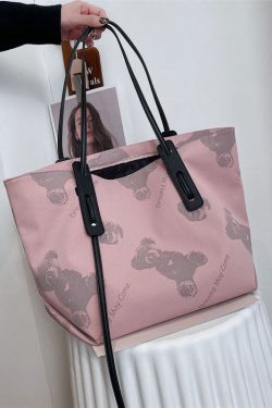 Retro Pink Cartoon Bear Print nylon Tote Handbag