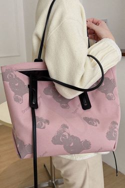 Retro Pink Cartoon Bear Print nylon Tote Handbag