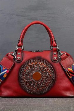 Retro Red Cowhide Women Large Capacity Handbag