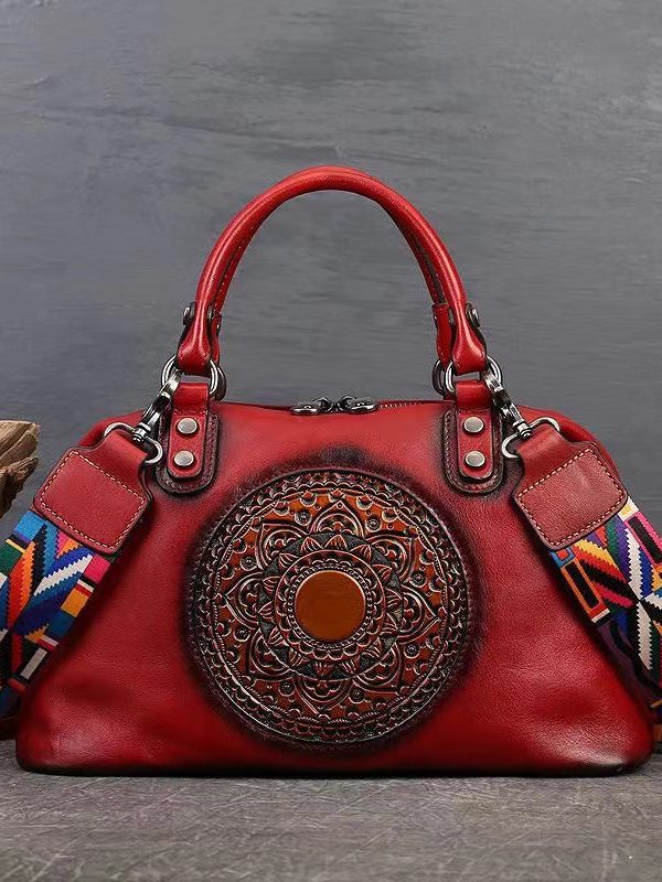 Retro Red Cowhide Women Large Capacity Handbag