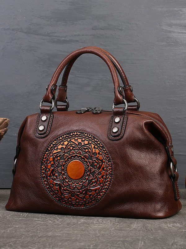 Retro Red Cowhide Women Large Capacity Handbag