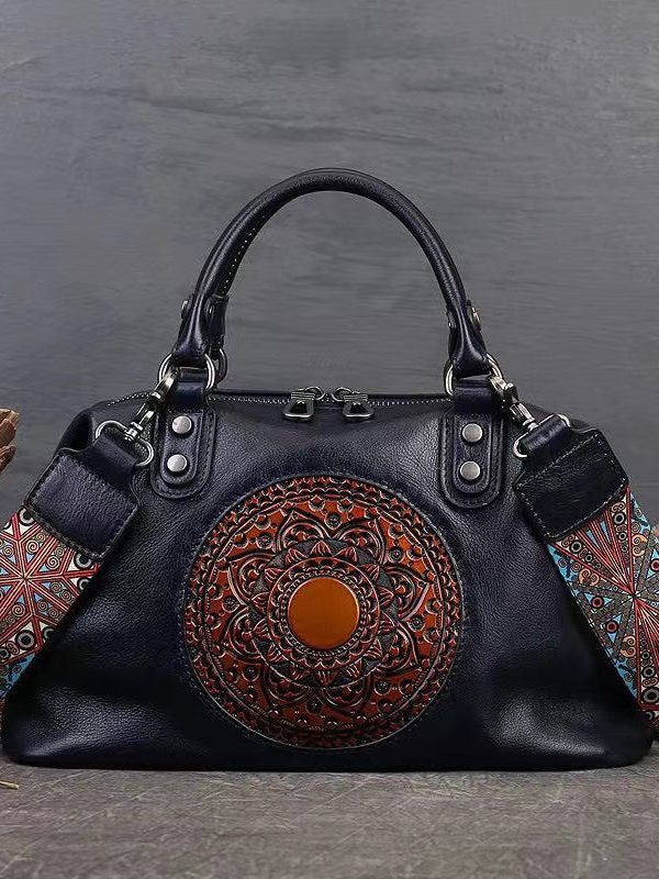 Retro Red Cowhide Women Large Capacity Handbag