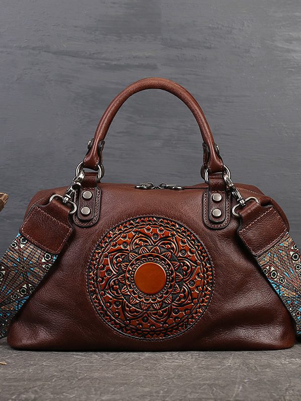 Retro Red Cowhide Women Large Capacity Handbag