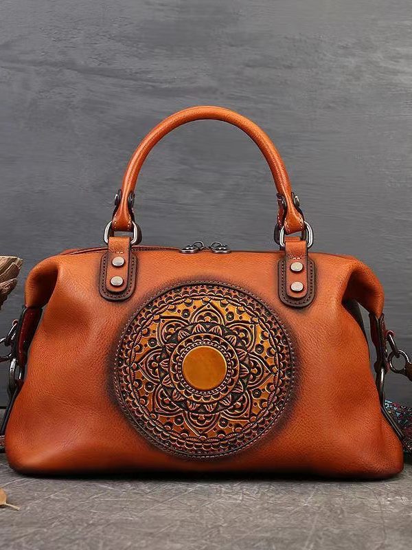 Retro Red Cowhide Women Large Capacity Handbag