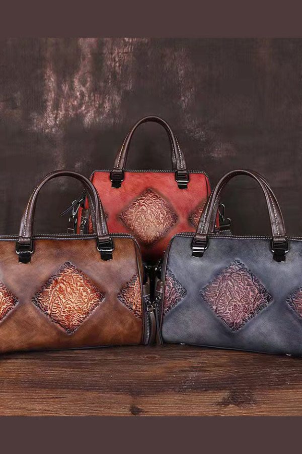 Retro Red Embossing Paitings Calf Leather Tote Handbag