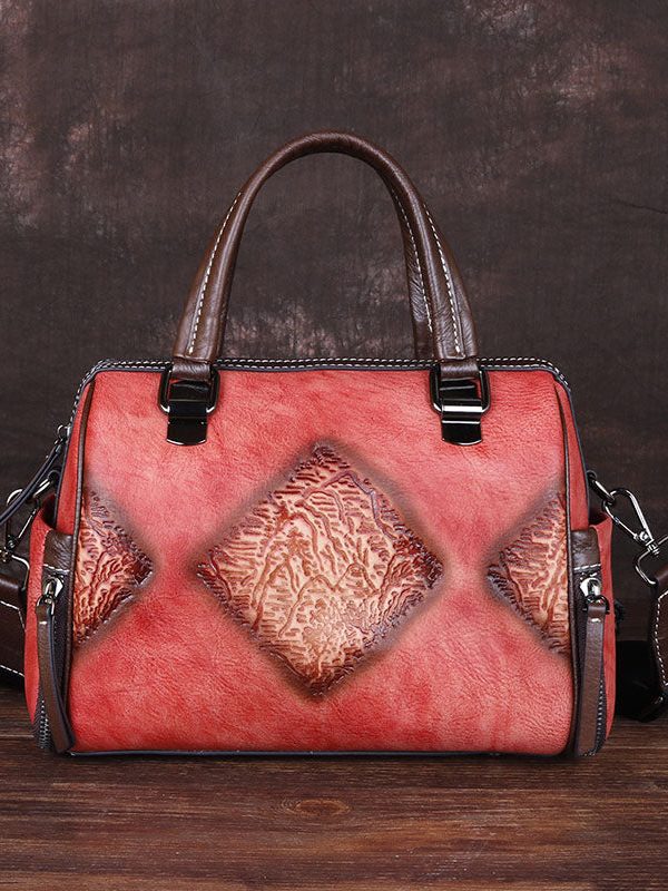 Retro Red Embossing Paitings Calf Leather Tote Handbag