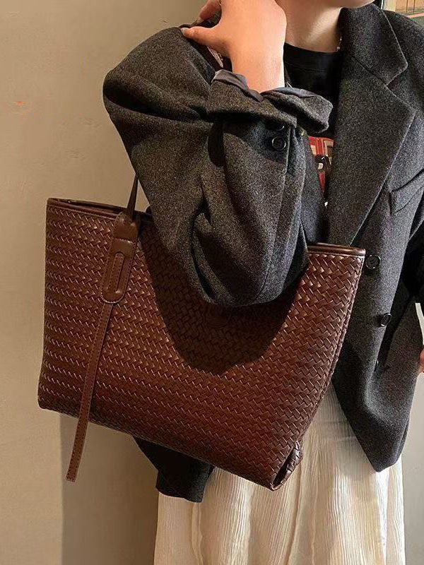 Retro Weave Design Large Capacity Faux Leather Women Handbags