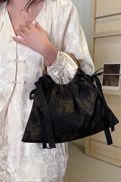 Retro Yellow Cinched Embroideried Silk Tote Handbag