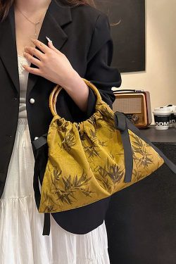 Retro Yellow Cinched Embroideried Silk Tote Handbag