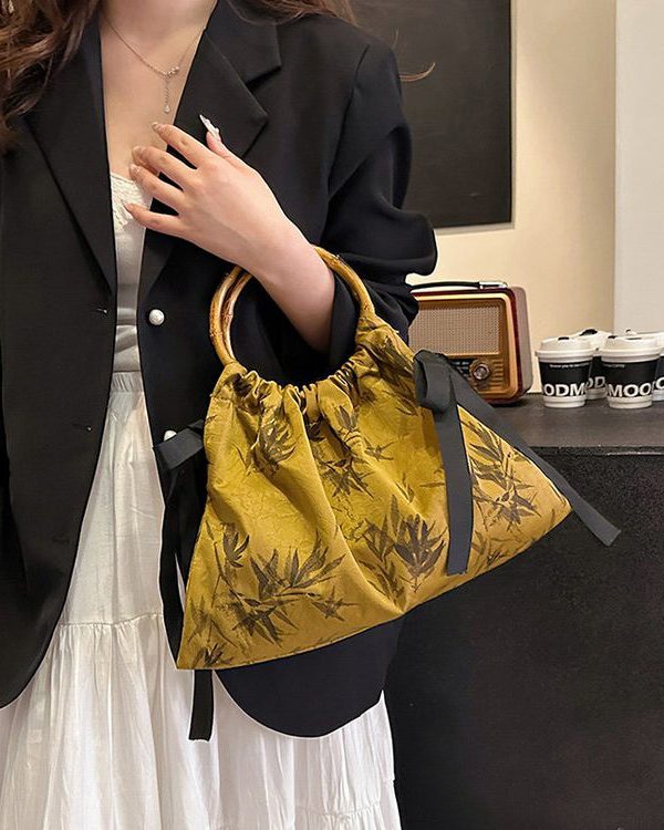 Retro Yellow Cinched Embroideried Silk Tote Handbag