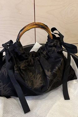 Retro Yellow Cinched Embroideried Silk Tote Handbag