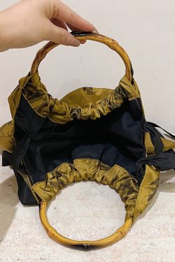 Retro Yellow Cinched Embroideried Silk Tote Handbag
