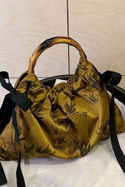 Retro Yellow Cinched Embroideried Silk Tote Handbag