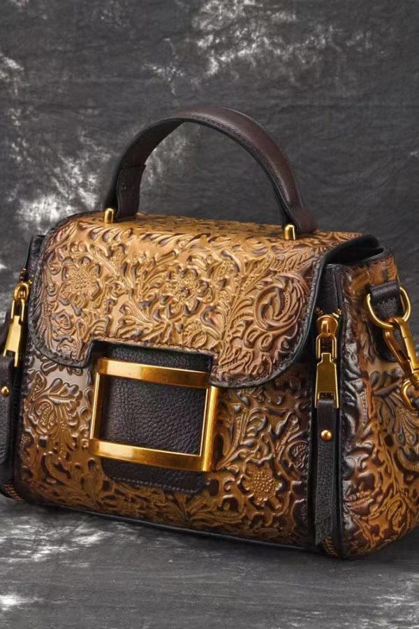 Retro Yellow Embossed Solid Durable Calf Leather Messenger Bag