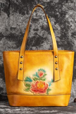 Retro Yellow Floral Paitings Calf Leather Satchel Handbag