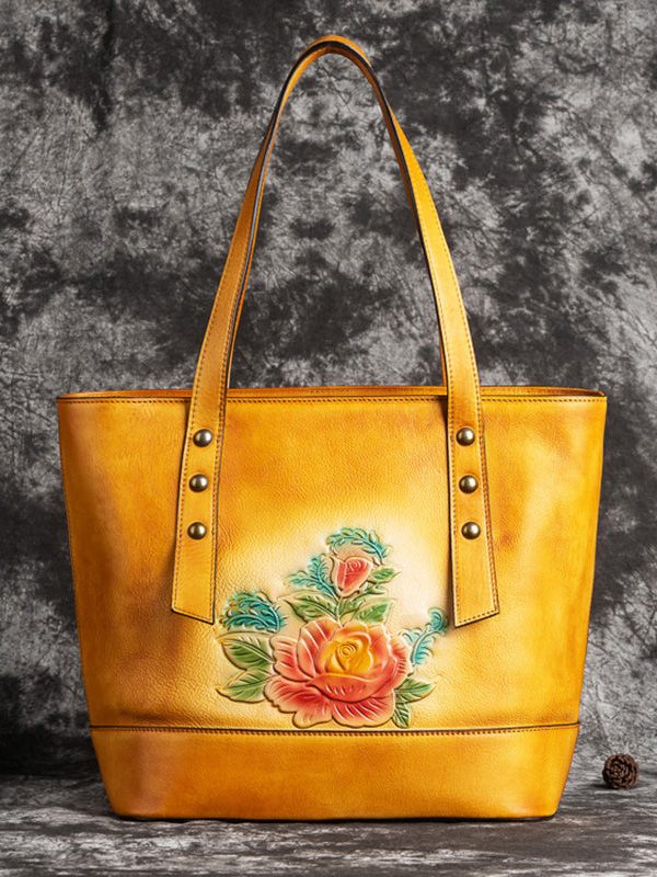 Retro Yellow Floral Paitings Calf Leather Satchel Handbag