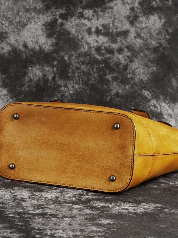 Retro Yellow Floral Paitings Calf Leather Satchel Handbag