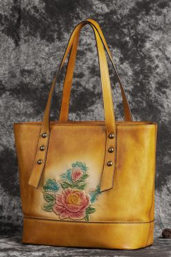 Retro Yellow Floral Paitings Calf Leather Satchel Handbag