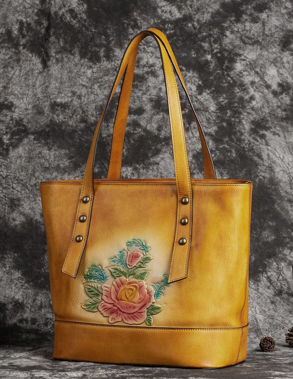 Retro Yellow Floral Paitings Calf Leather Satchel Handbag