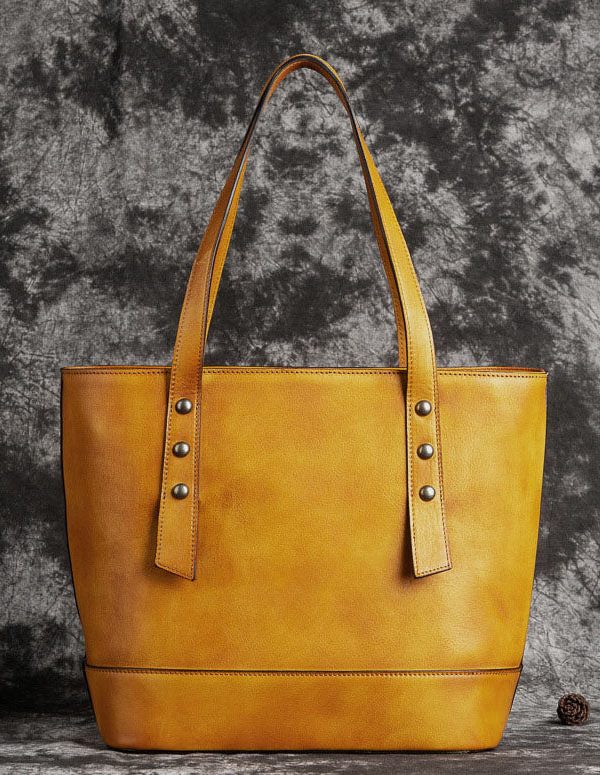 Retro Yellow Floral Paitings Calf Leather Satchel Handbag