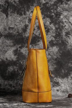 Retro Yellow Floral Paitings Calf Leather Satchel Handbag