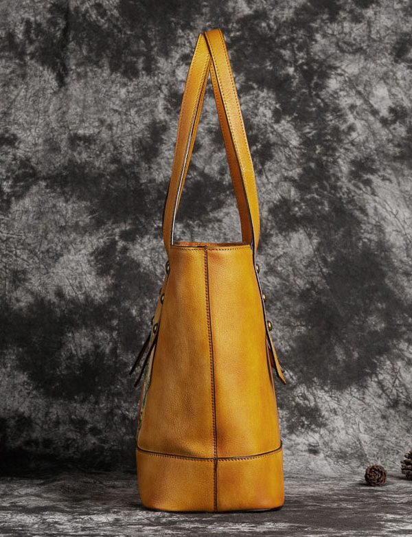 Retro Yellow Floral Paitings Calf Leather Satchel Handbag