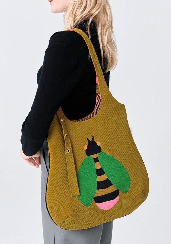 Retro Yellow Solid Durable Little Bee Embroidered Cotton Shoulder Bags